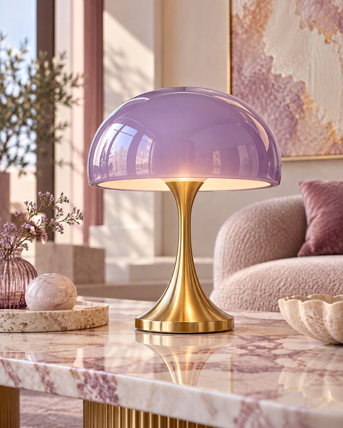 SELUNAVIQ® Lavender Halo Glass Table Lamp – Sculptural Gold Base with Soft Violet Dome Shade