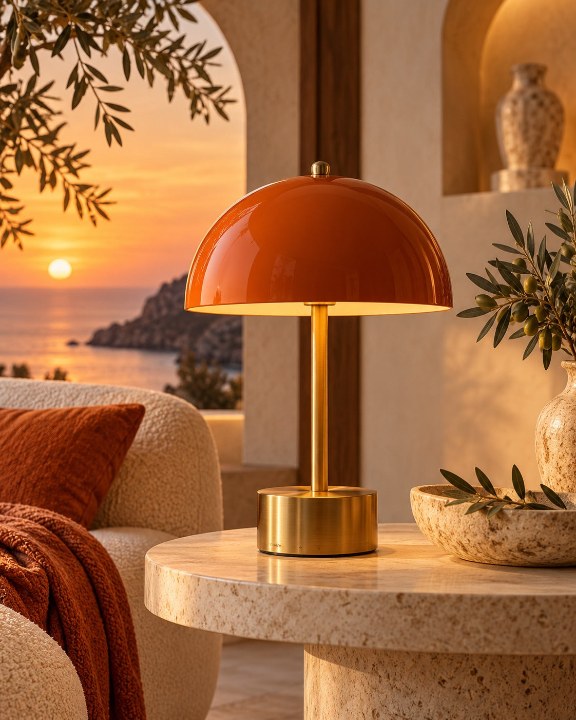 SELUNAVIQ® Terracotta Sunset Table Lamp – Burnt Orange Dome Light with Warm Brass Details