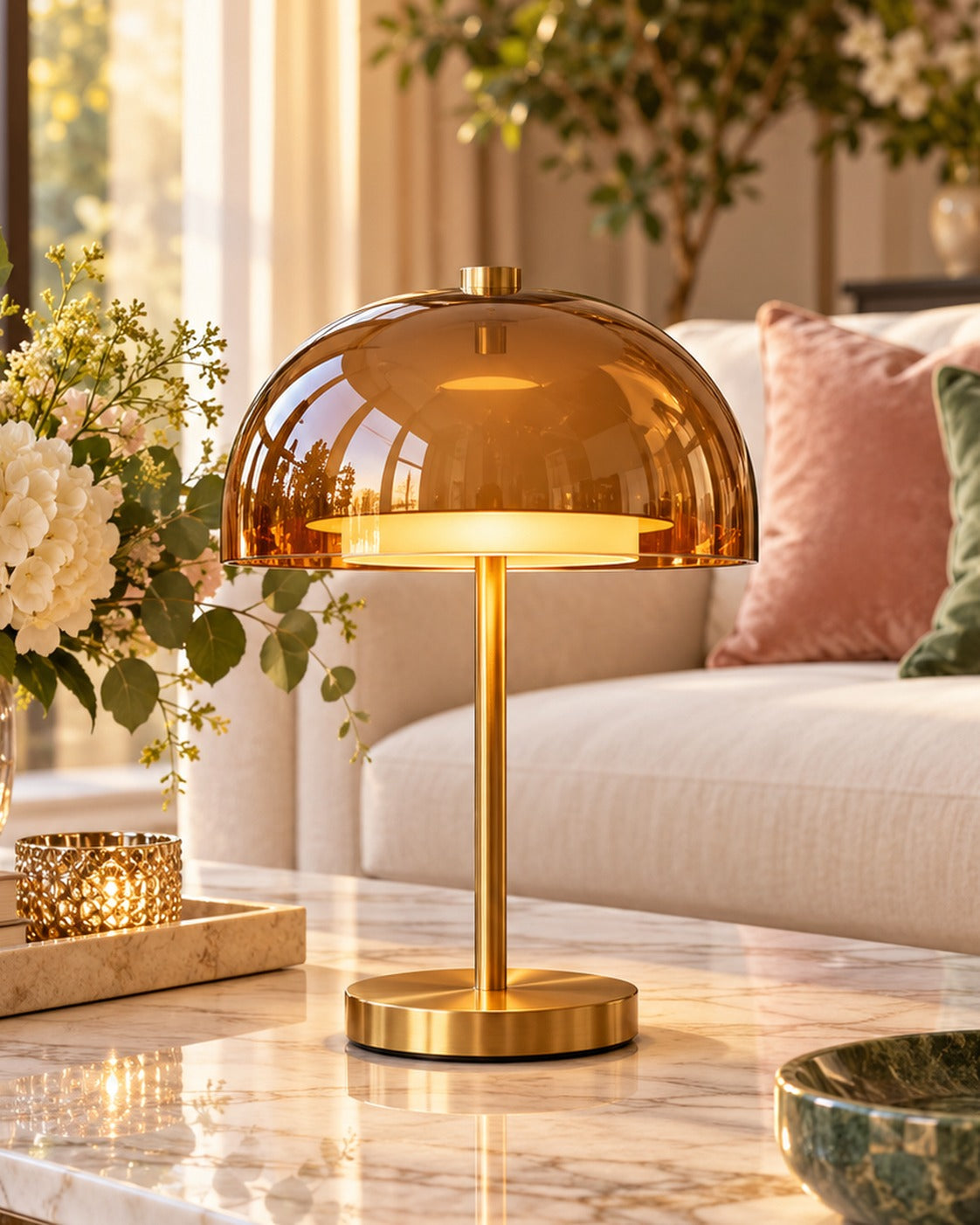 SELUNAVIQ® Amber Halo Glass Table Lamp – Warm Gold Dome Accent Light for Living Rooms, Bedrooms & Consoles