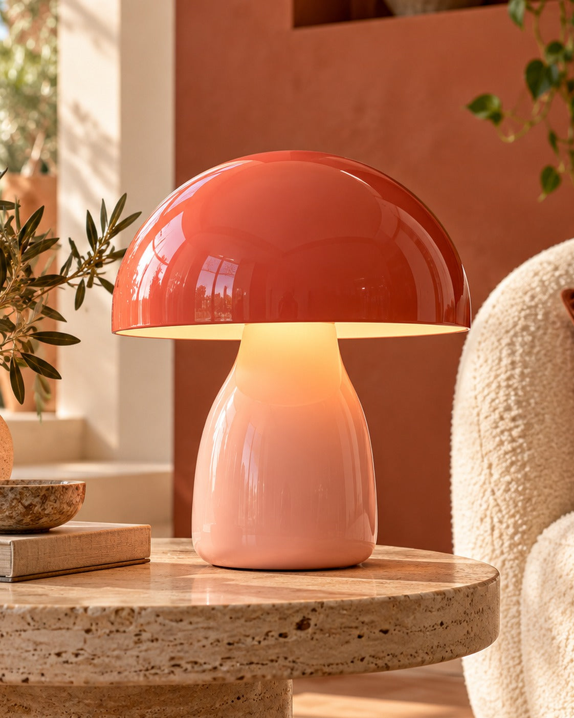 SELUNAVIQ® Coral Aura Mushroom Table Lamp – Glossy Sculptural Ambient Light for Bedside, Console & Reading Corners