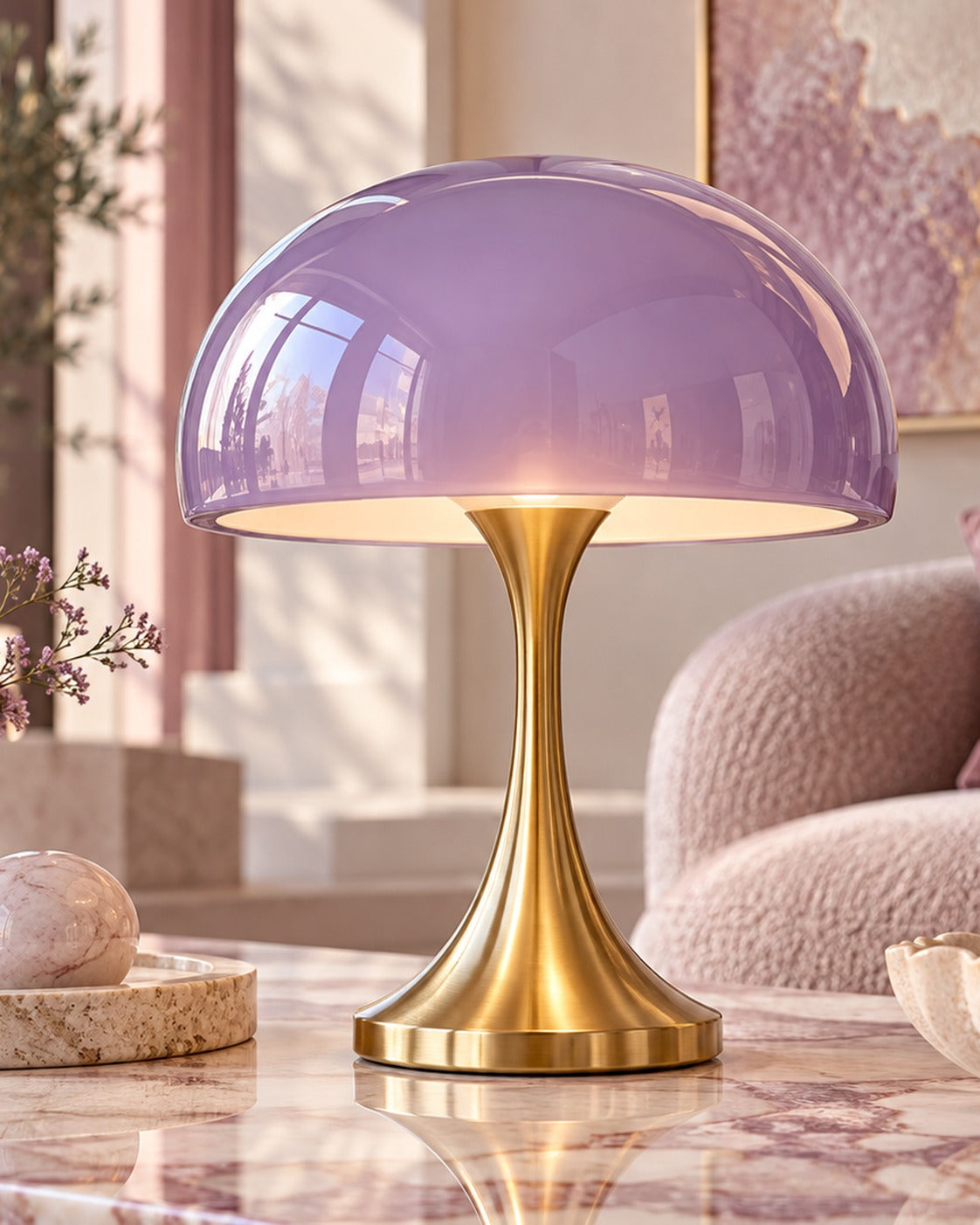 SELUNAVIQ® Lavender Halo Glass Table Lamp – Sculptural Gold Base with Soft Violet Dome Shade