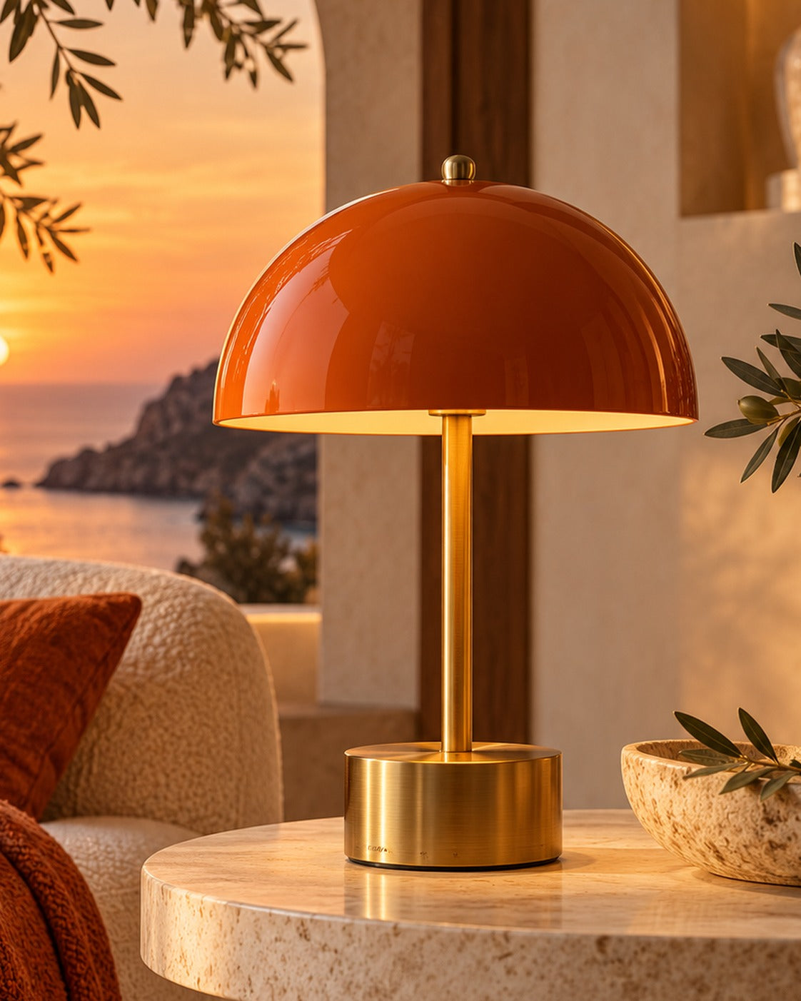 SELUNAVIQ® Terracotta Sunset Table Lamp – Burnt Orange Dome Light with Warm Brass Details