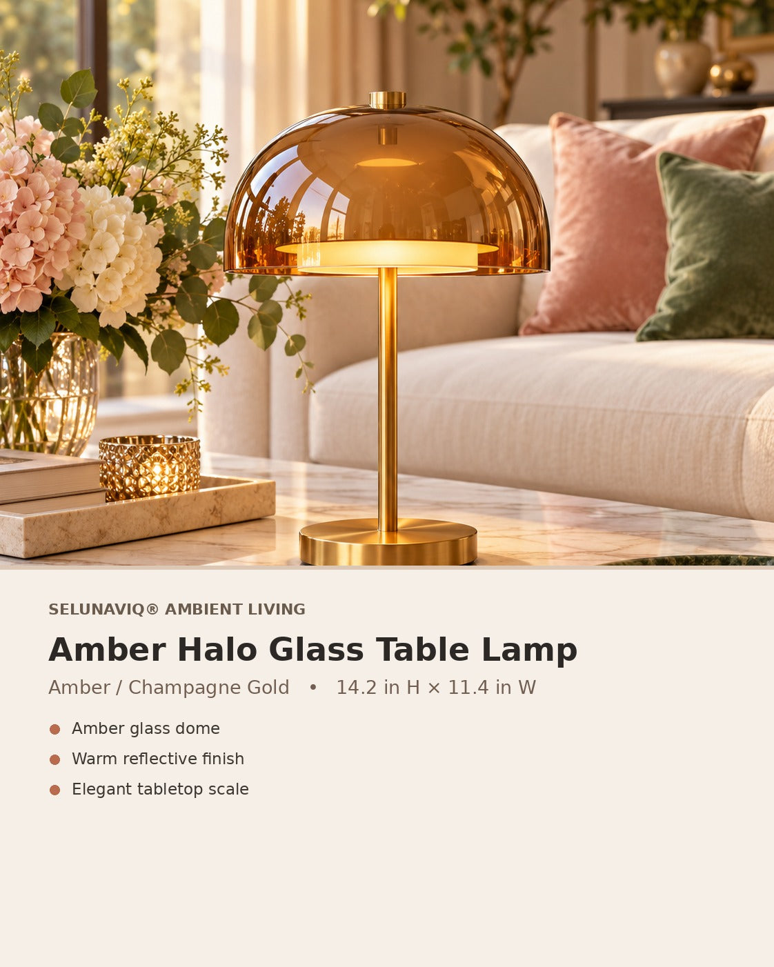 SELUNAVIQ® Amber Halo Glass Table Lamp – Warm Gold Dome Accent Light for Living Rooms, Bedrooms & Consoles