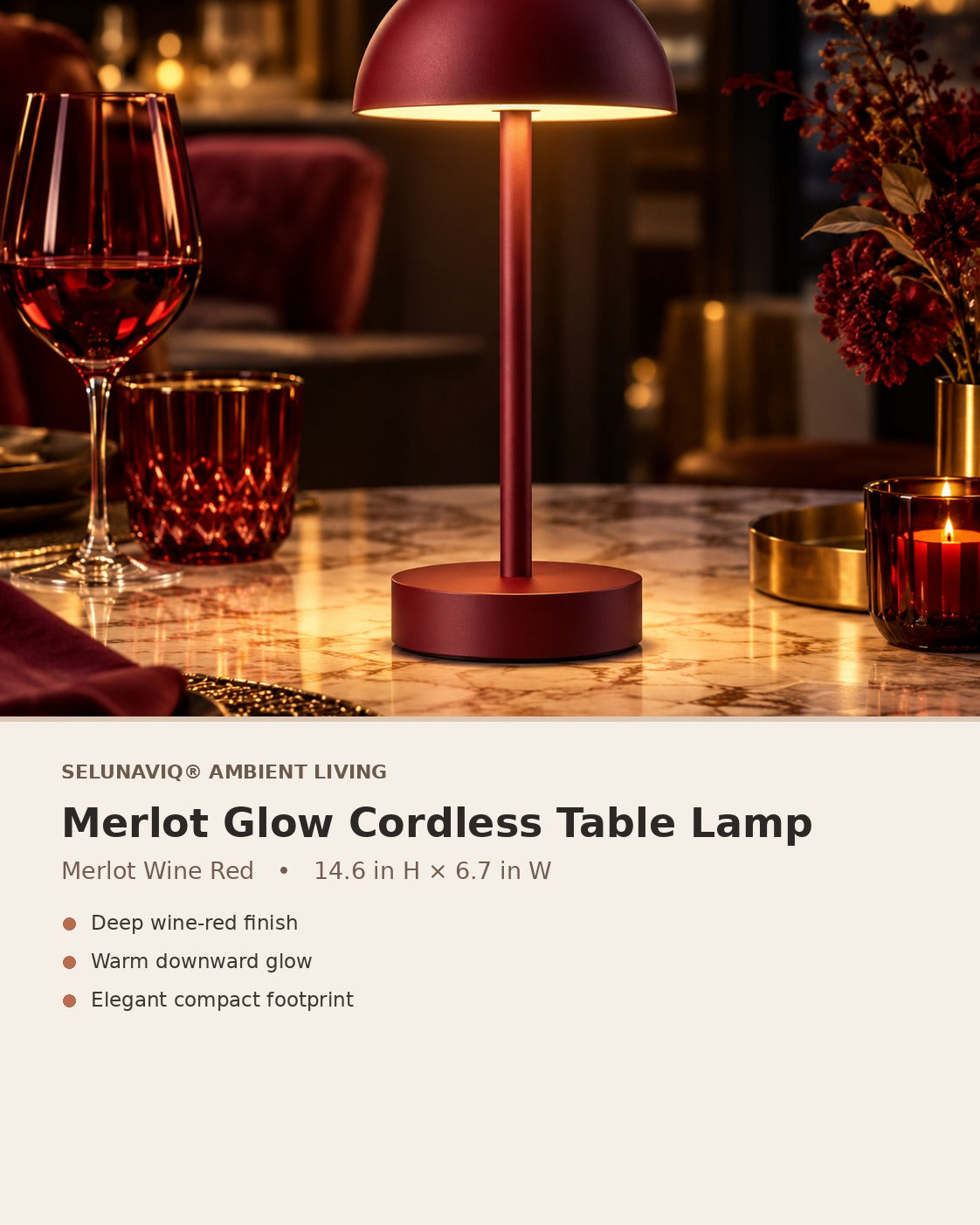 SELUNAVIQ® Merlot Glow Cordless Table Lamp – Wine Red Modern Accent Light for Dining & Lounge Spaces