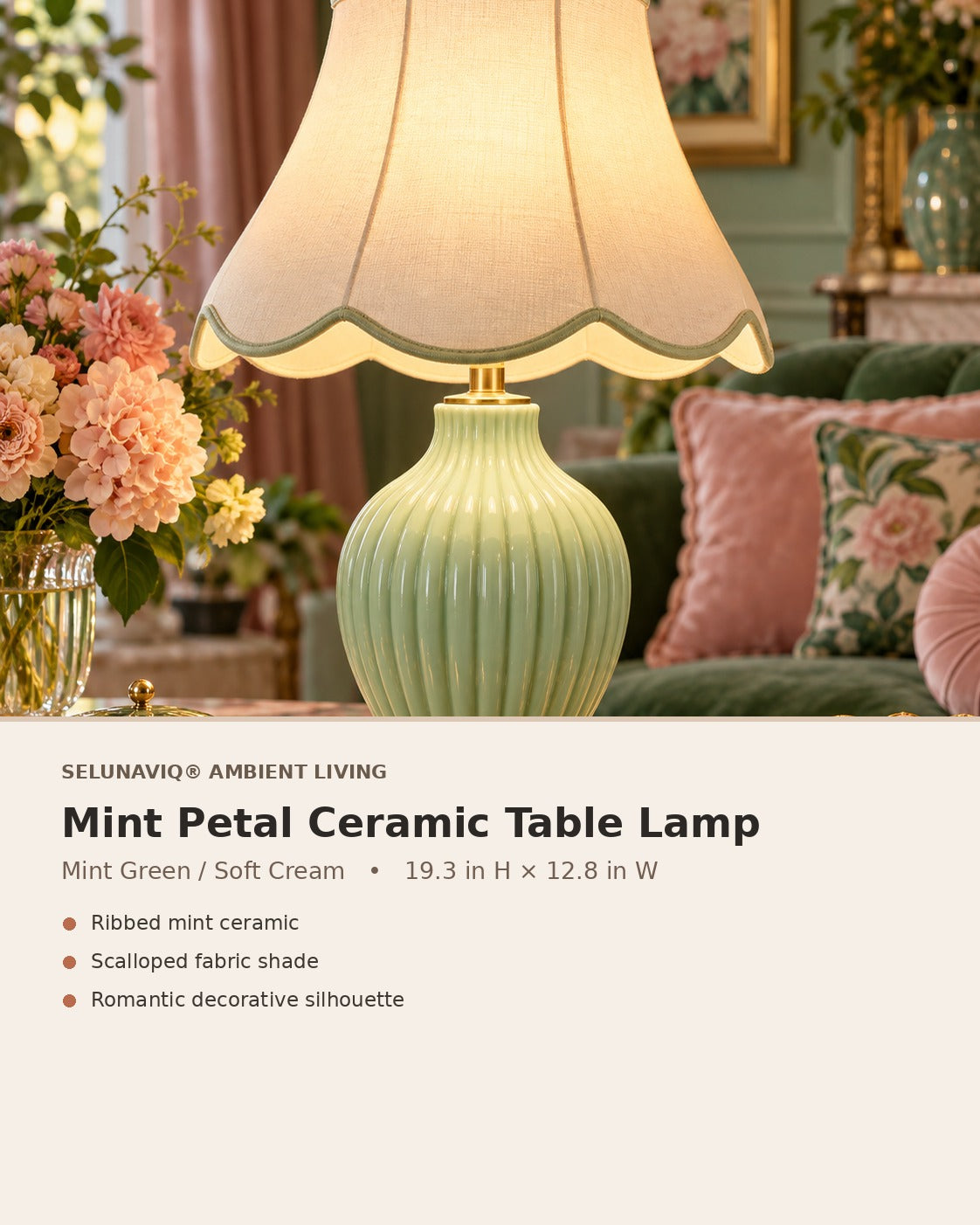 SELUNAVIQ® Mint Petal Ceramic Table Lamp – Ribbed Green Base with Scalloped Cream Fabric Shade