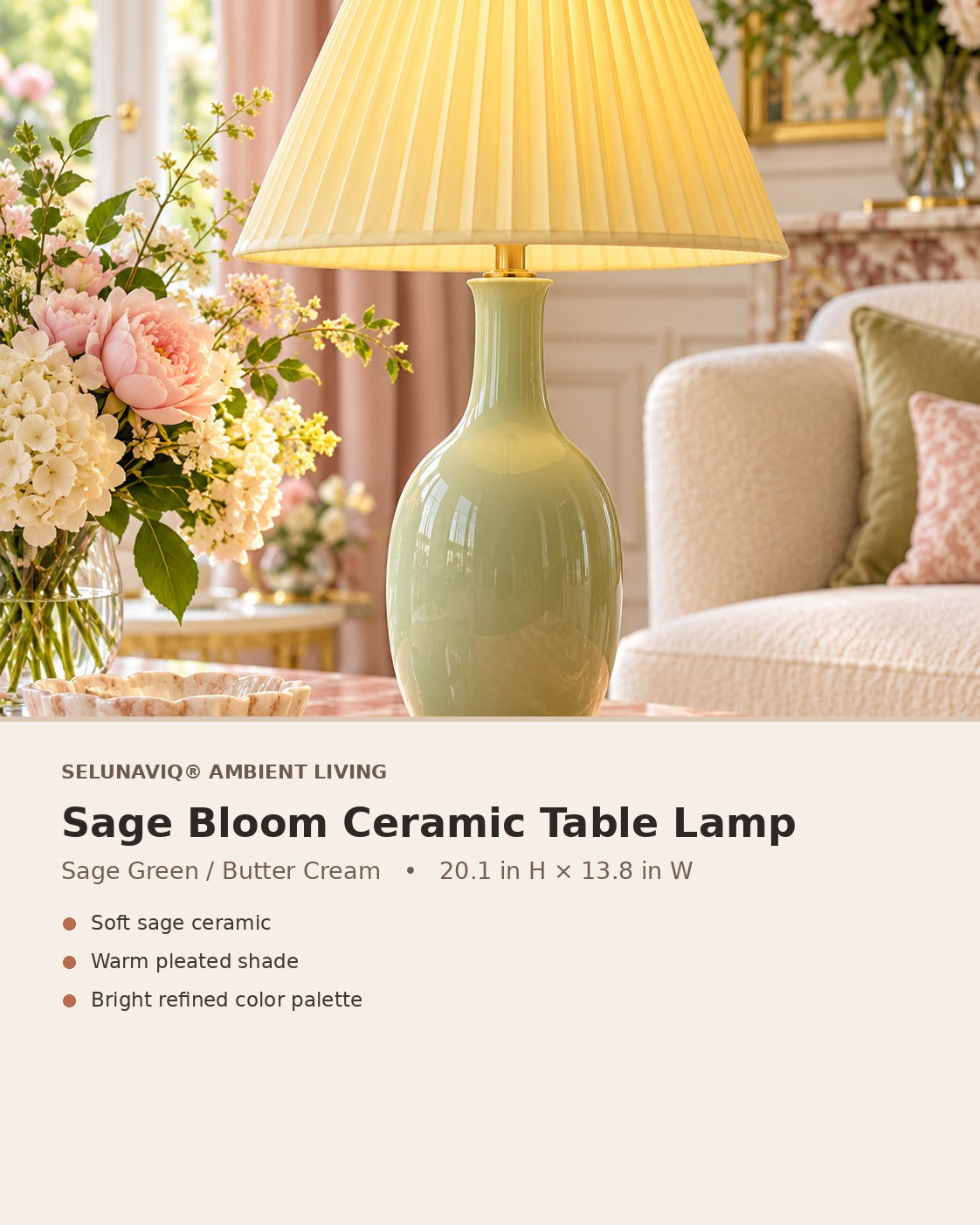 SELUNAVIQ® Sage Bloom Ceramic Table Lamp – Soft Green Base with Butter Pleated Shade for Elegant Interiors