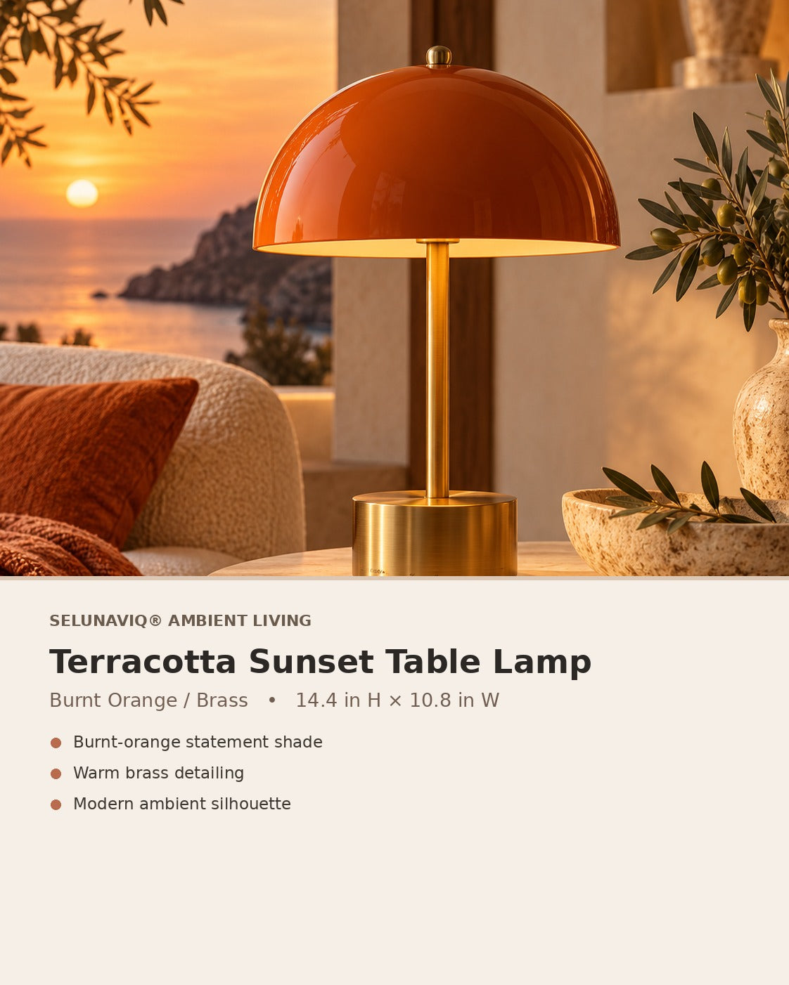 SELUNAVIQ® Terracotta Sunset Table Lamp – Burnt Orange Dome Light with Warm Brass Details