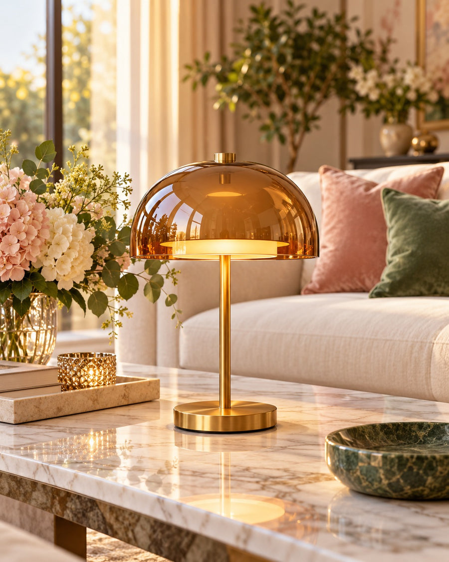 SELUNAVIQ® Amber Halo Glass Table Lamp – Warm Gold Dome Accent Light for Living Rooms, Bedrooms & Consoles