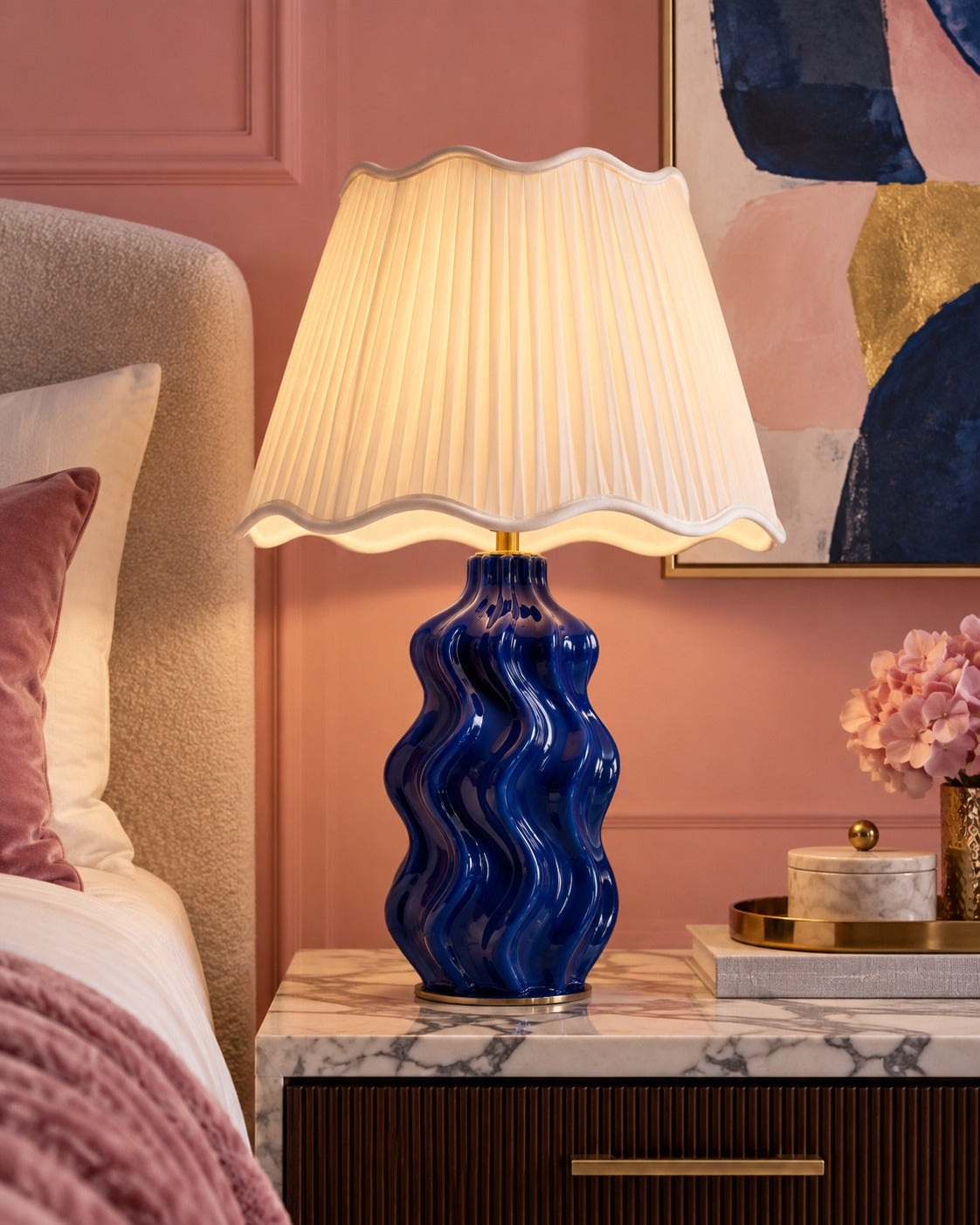 SELUNAVIQ® Cobalt Wave Sculptural Table Lamp – Glossy Blue Ceramic Base with Soft Pleated Shade