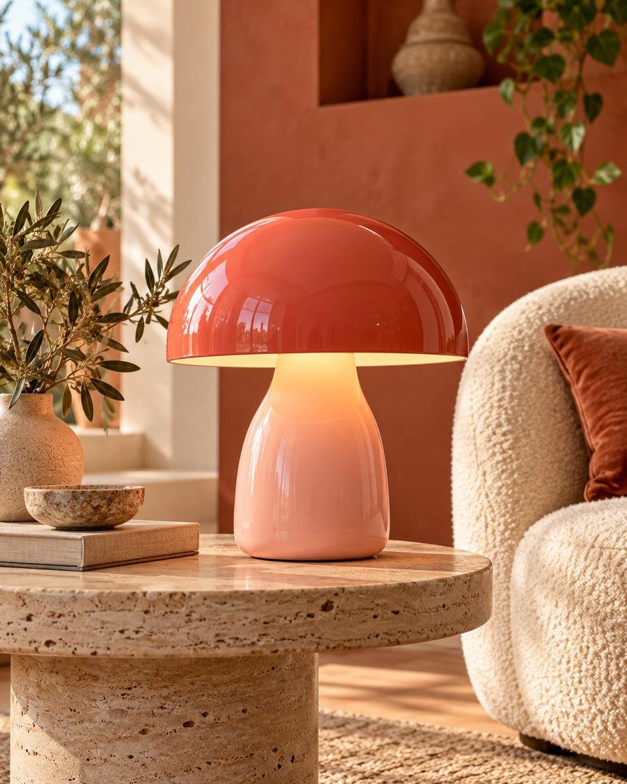 SELUNAVIQ® Coral Aura Mushroom Table Lamp – Glossy Sculptural Ambient Light for Bedside, Console & Reading Corners