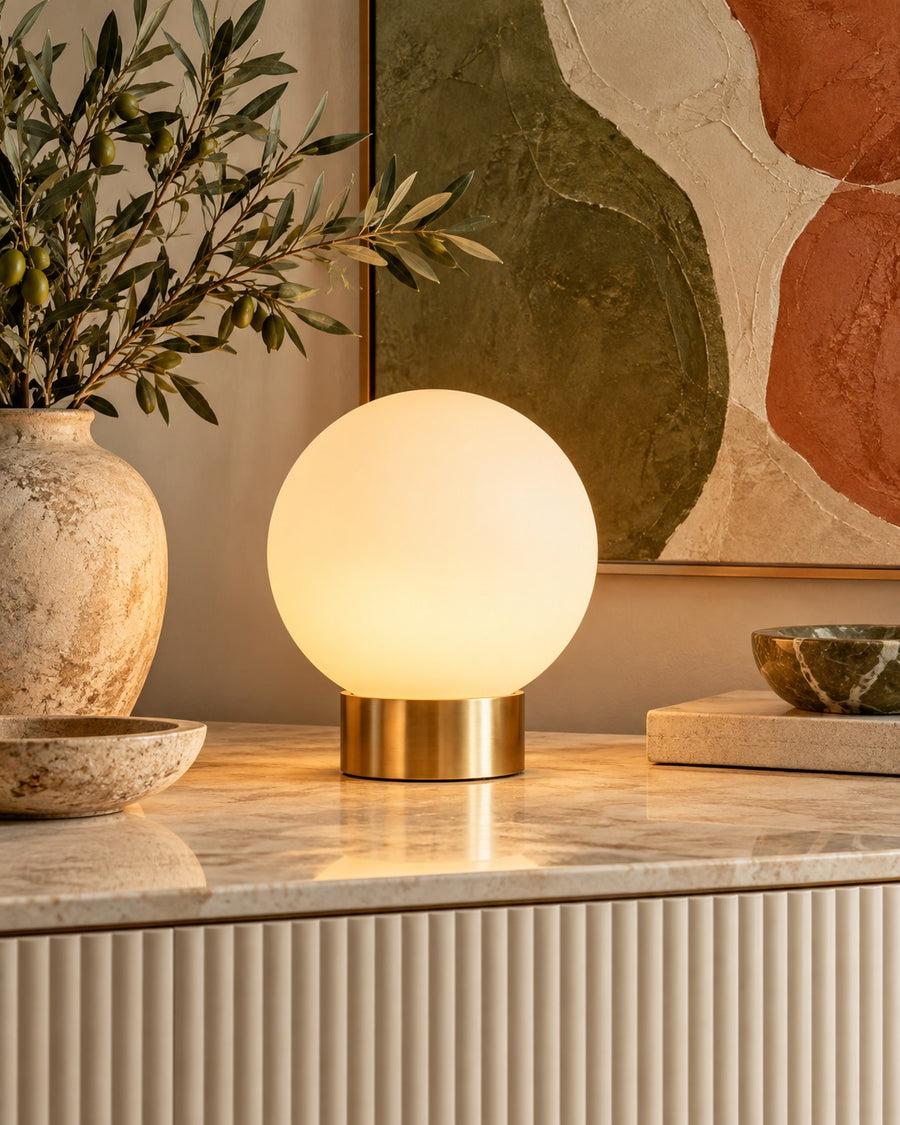 SELUNAVIQ® Luna Globe Table Lamp – Frosted Opal Glass Ambient Light with Brushed Brass Base