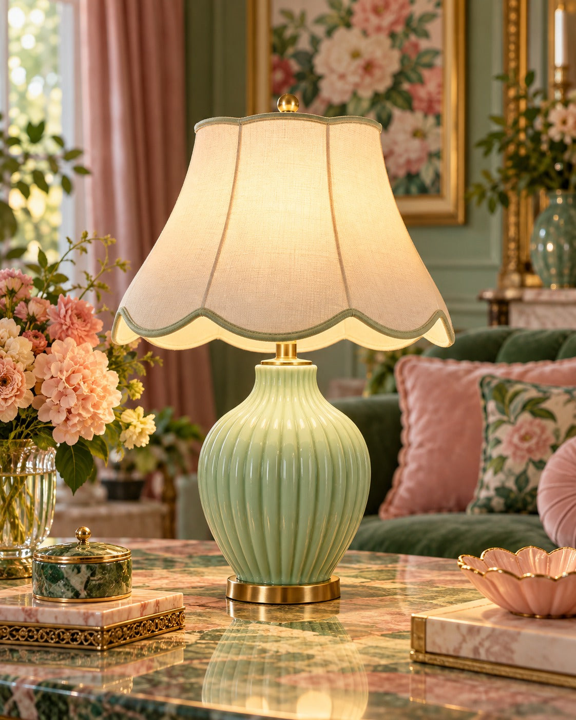 SELUNAVIQ® Mint Petal Ceramic Table Lamp – Ribbed Green Base with Scalloped Cream Fabric Shade