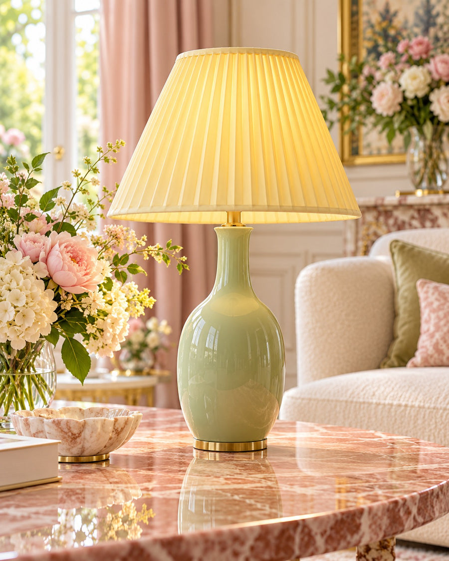 SELUNAVIQ® Sage Bloom Ceramic Table Lamp – Soft Green Base with Butter Pleated Shade for Elegant Interiors