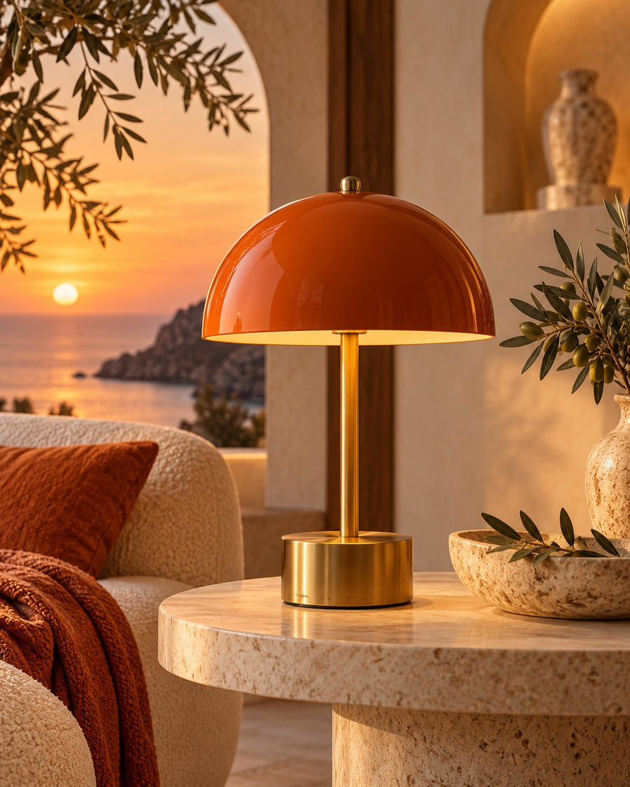 SELUNAVIQ® Terracotta Sunset Table Lamp – Burnt Orange Dome Light with Warm Brass Details