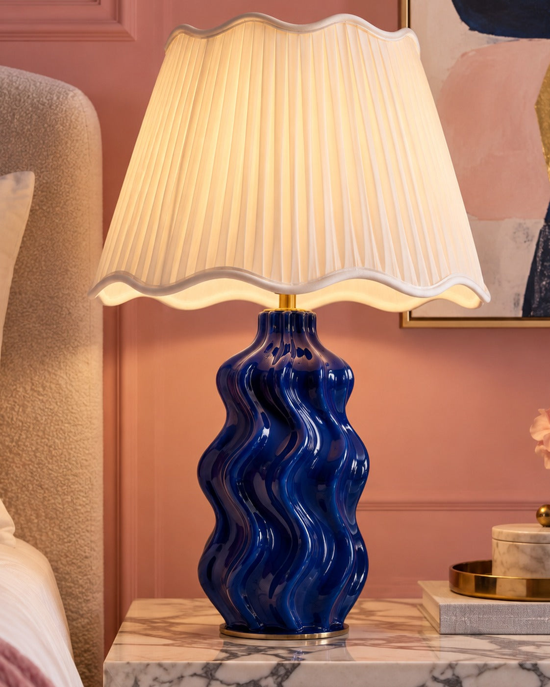 SELUNAVIQ® Cobalt Wave Sculptural Table Lamp – Glossy Blue Ceramic Base with Soft Pleated Shade