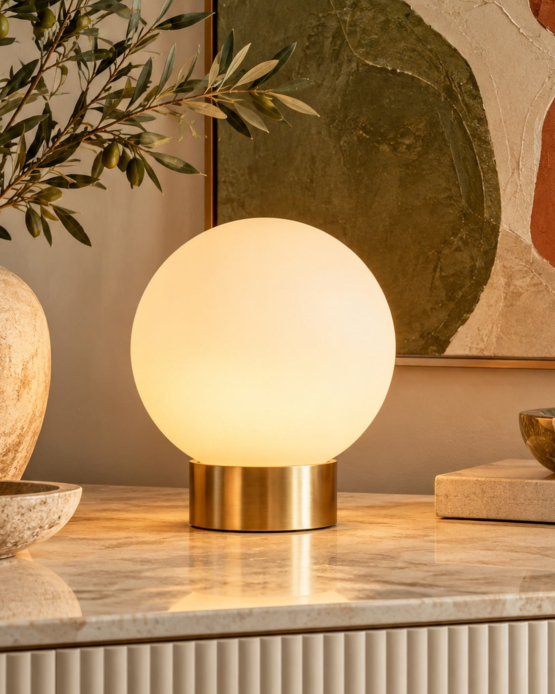 SELUNAVIQ® Luna Globe Table Lamp – Frosted Opal Glass Ambient Light with Brushed Brass Base