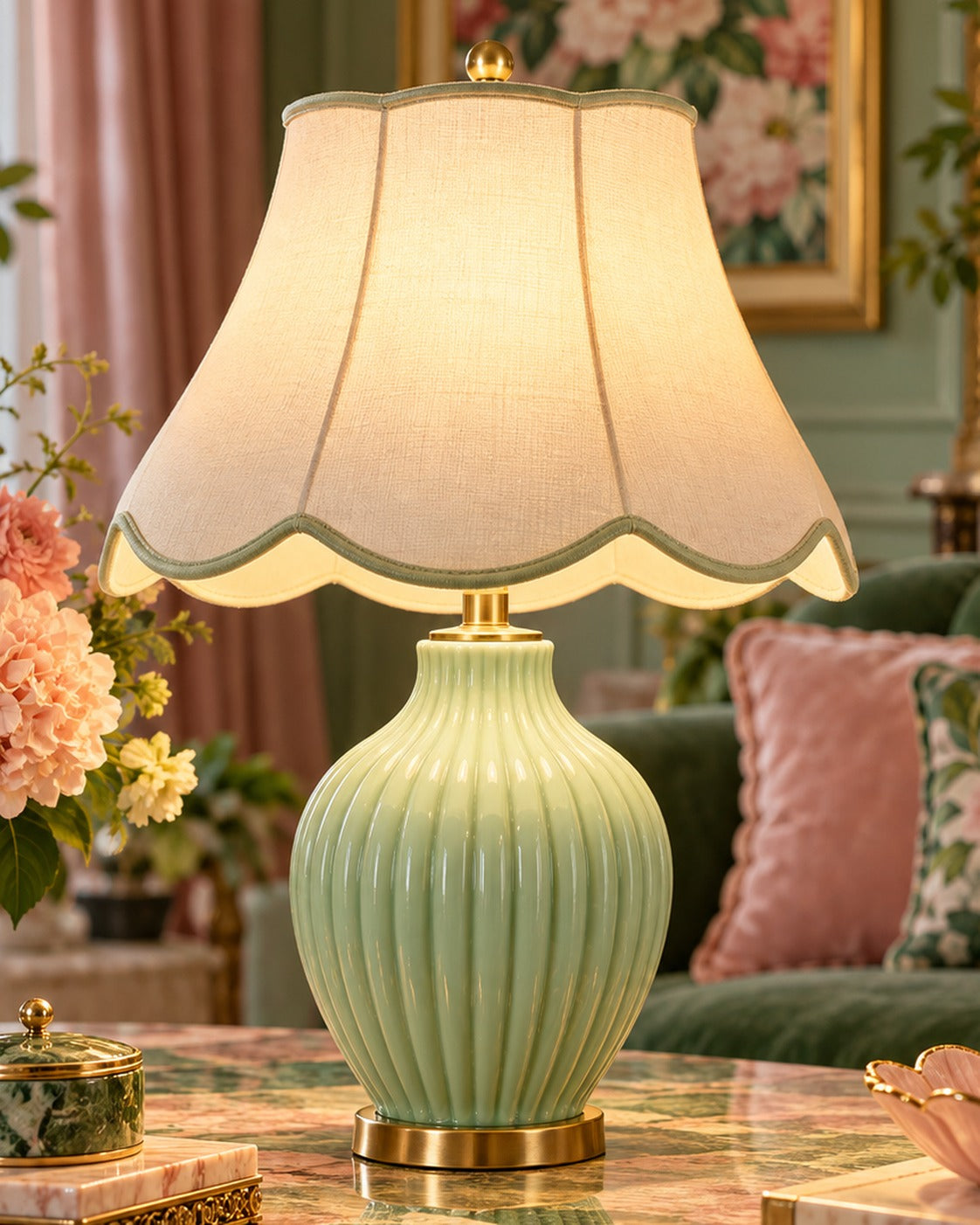 SELUNAVIQ® Mint Petal Ceramic Table Lamp – Ribbed Green Base with Scalloped Cream Fabric Shade