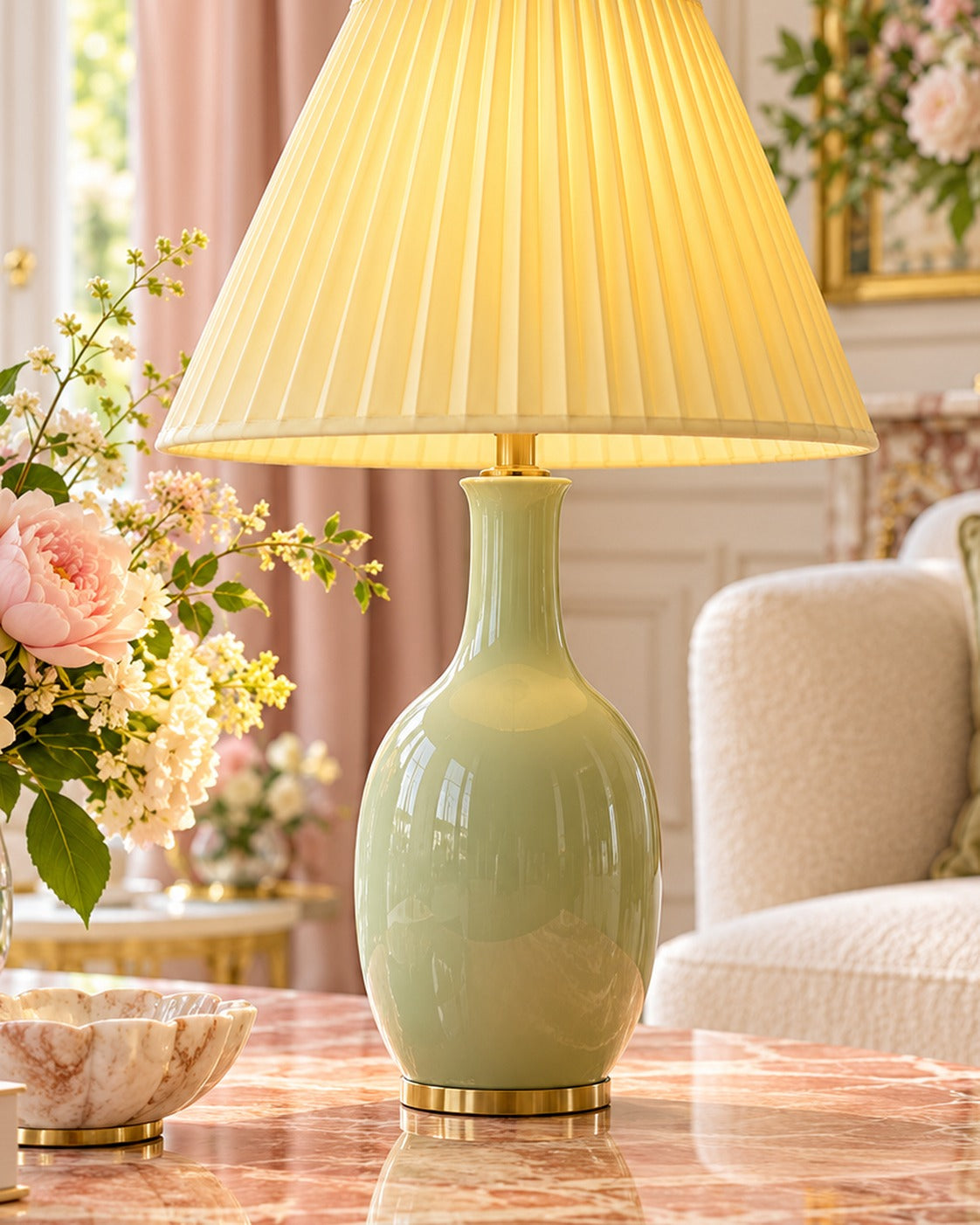 SELUNAVIQ® Sage Bloom Ceramic Table Lamp – Soft Green Base with Butter Pleated Shade for Elegant Interiors