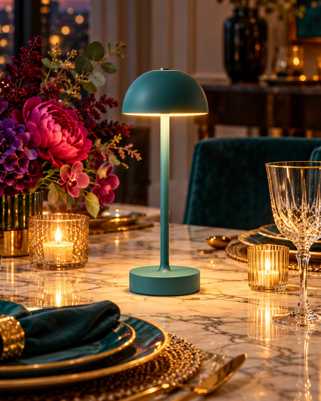 SELUNAVIQ® Teal Muse Cordless Table Lamp – Slim Modern Dome Light for Dining Tables, Bedside & Small Spaces