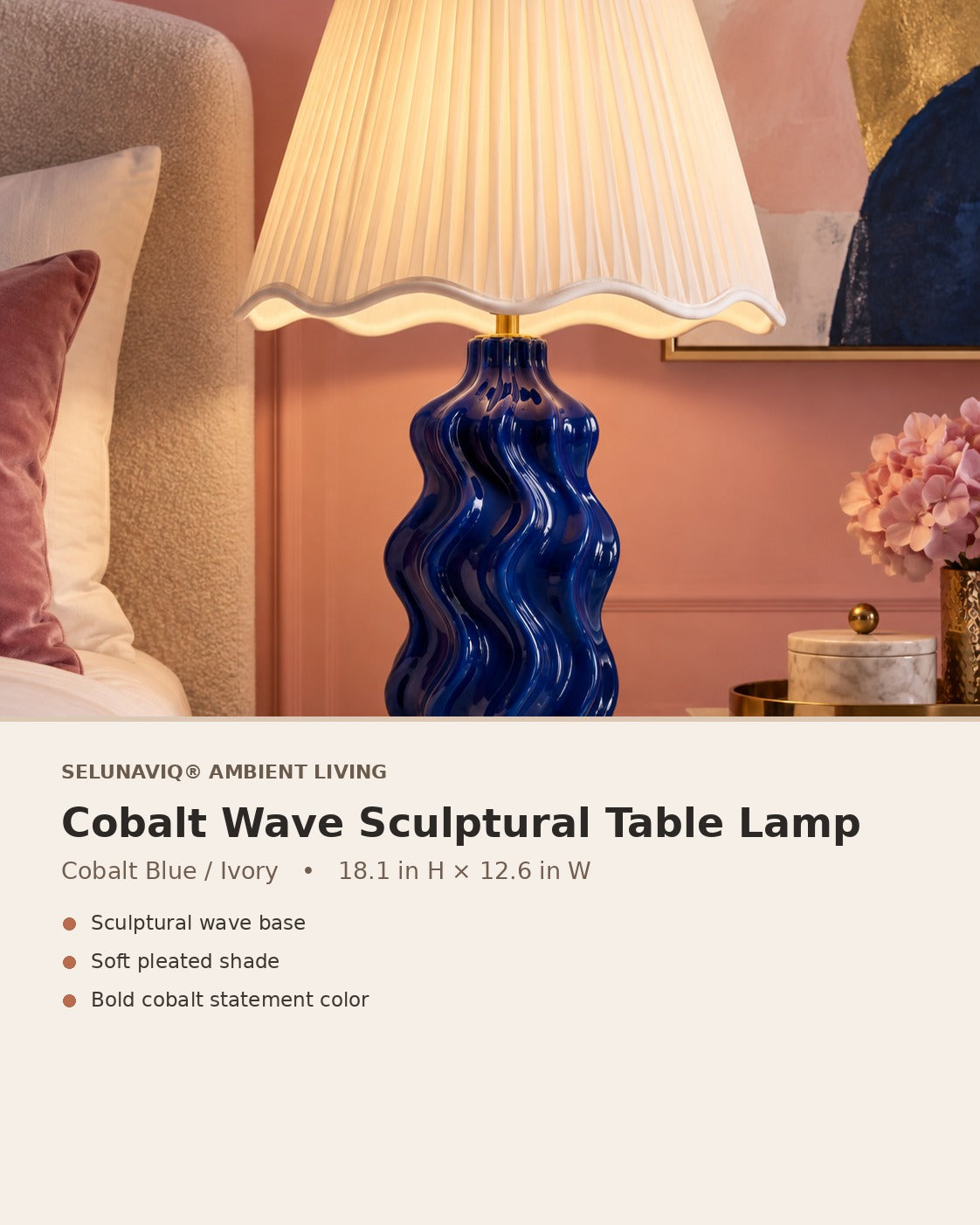 SELUNAVIQ® Cobalt Wave Sculptural Table Lamp – Glossy Blue Ceramic Base with Soft Pleated Shade