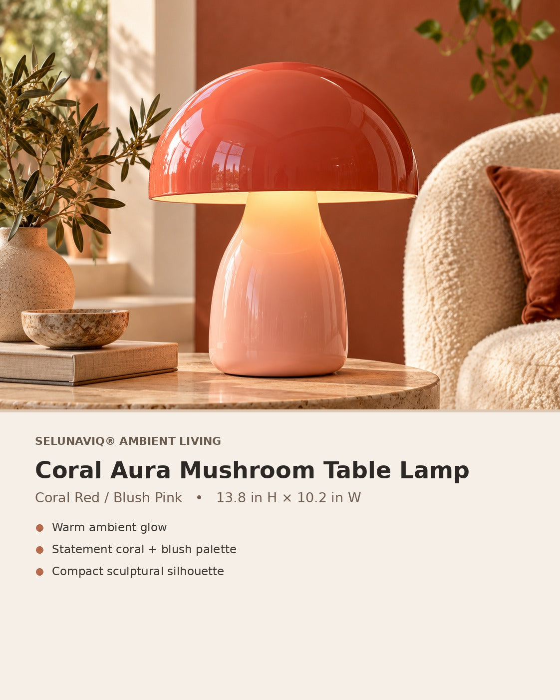 SELUNAVIQ® Coral Aura Mushroom Table Lamp – Glossy Sculptural Ambient Light for Bedside, Console & Reading Corners