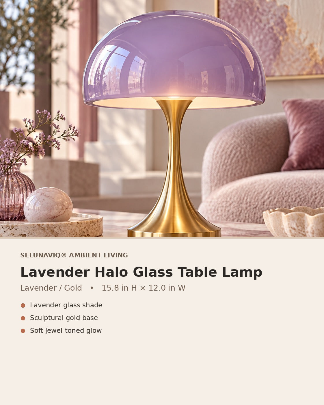 SELUNAVIQ® Lavender Halo Glass Table Lamp – Sculptural Gold Base with Soft Violet Dome Shade
