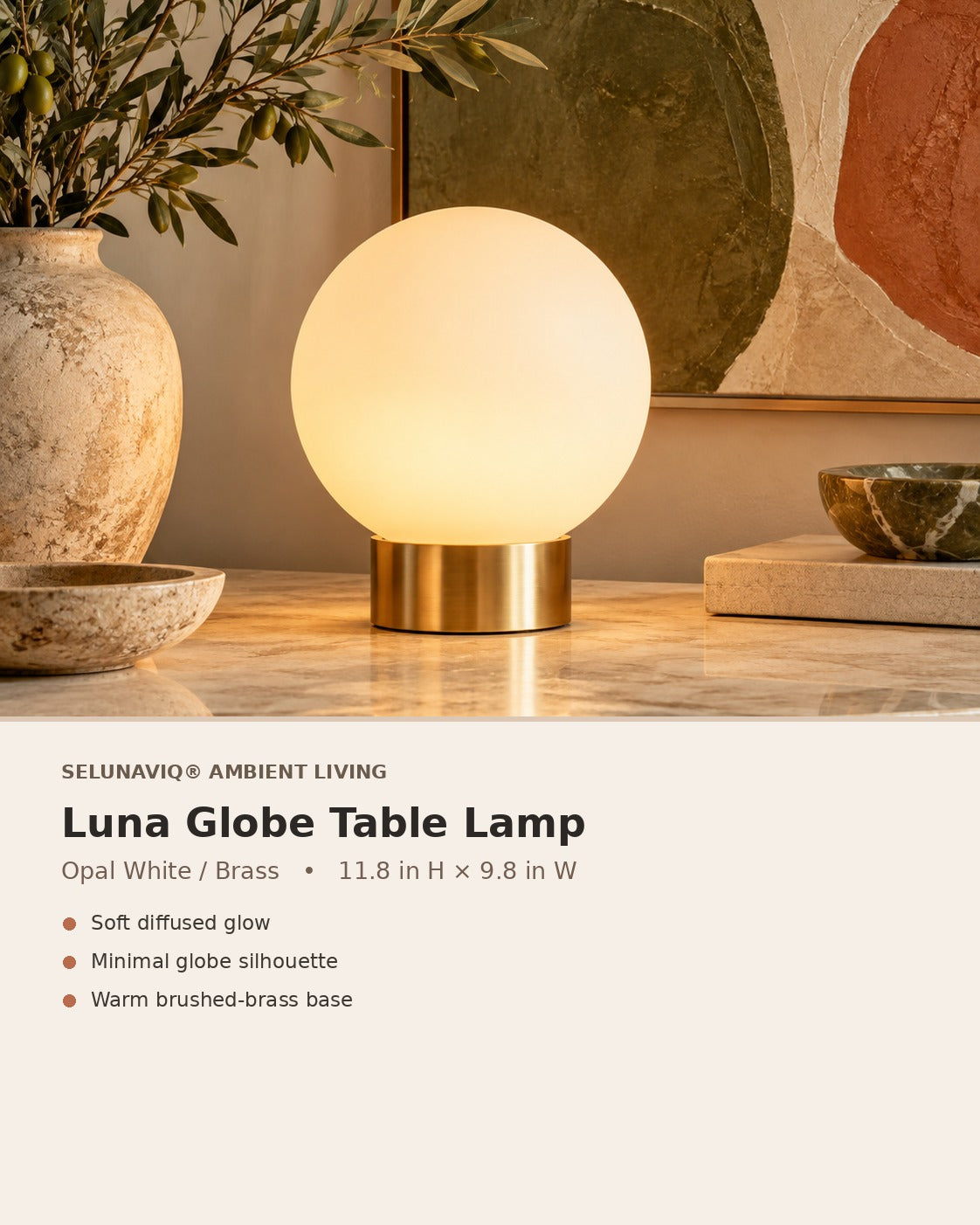 SELUNAVIQ® Luna Globe Table Lamp – Frosted Opal Glass Ambient Light with Brushed Brass Base