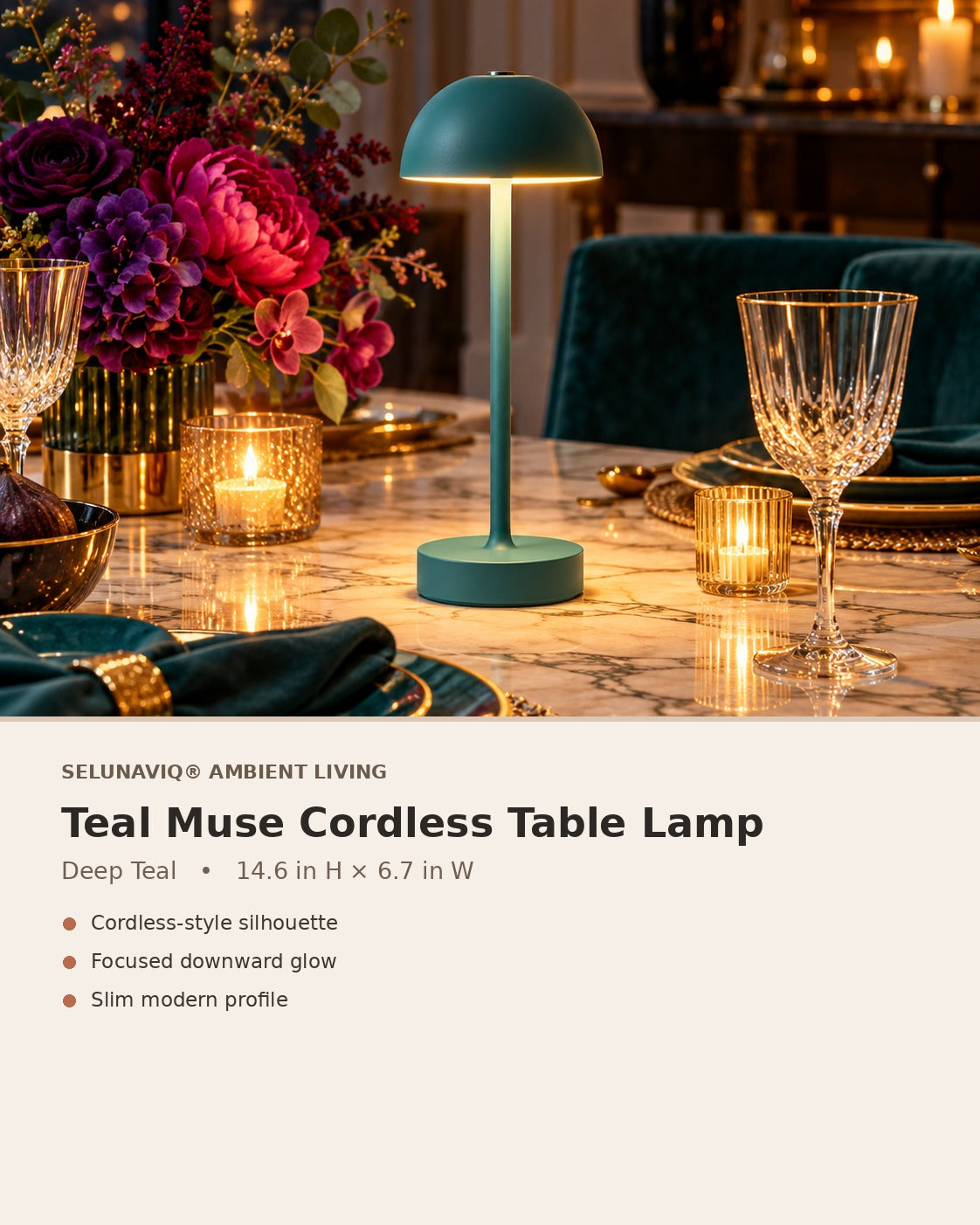 SELUNAVIQ® Teal Muse Cordless Table Lamp – Slim Modern Dome Light for Dining Tables, Bedside & Small Spaces